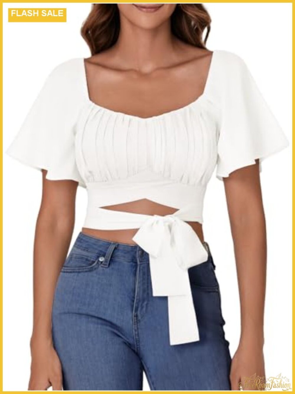 Women's Ruched Wrap Crop Top Square Neck Ruffle Short Sleeve Blouse